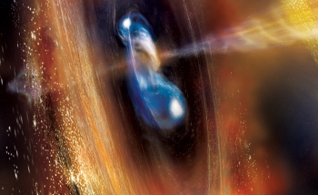 Two neutron stars begin to merge in this illustration, blasting a jet of high-speed particles and producing a cloud of debris. Scientists think these kinds of events are factories for a significant portion of the universe’s heavy elements, including gold. Credit: A. Simonnet (Sonoma State University) and NASA’s Goddard Space Flight Center