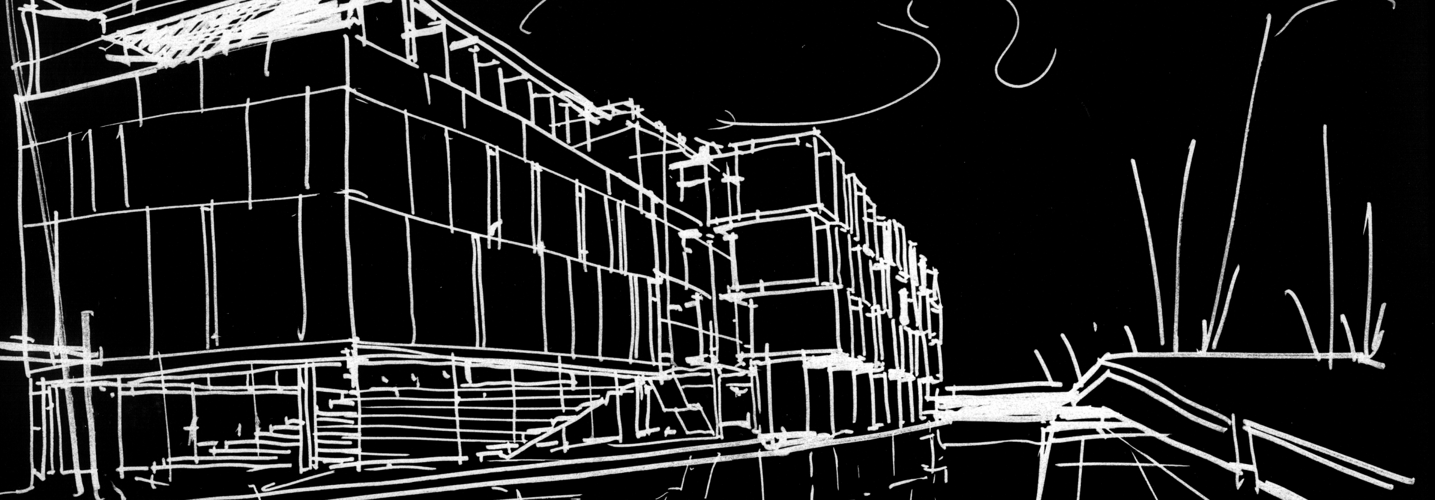 White sketch of the outside of a building on a black background