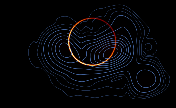 Science illustration of blue map lines with a light ring in the middle